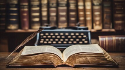 Fototapeta premium Vintage library scene with open book, feather quill and antique typewriter