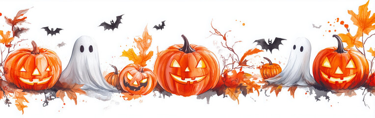 A unique aquarelle, watercolor Halloween banner with hand-painted pumpkins and bats. Ideal for event marketing, social media ads, or festive decorations. Adds a spooky yet fun element to any design.