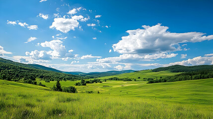 Obraz premium Lush Green Meadow Landscape With Rolling Hills Trees And Blue Sky With White Clouds On A Sunny Summer Day