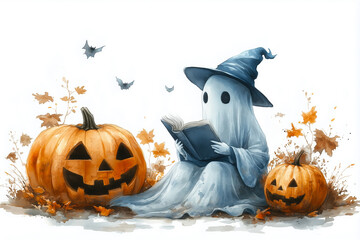 A fun, festive Halloween banner in aquarelle, watercolor, perfect for party invitations, social media ads, and event flyers. Hand-painted with pumpkins, ghosts, Halloween marketing