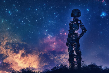 Obraz premium Silhouetted humanoid figure made of gears stands against a breathtaking galaxy backdrop, embodying the fusion of technology and nature.