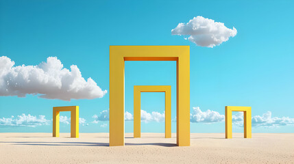 Bright Yellow Rectangular Doorway Structures On A Sandy Desert Landscape Under A Cloudy Blue Sky