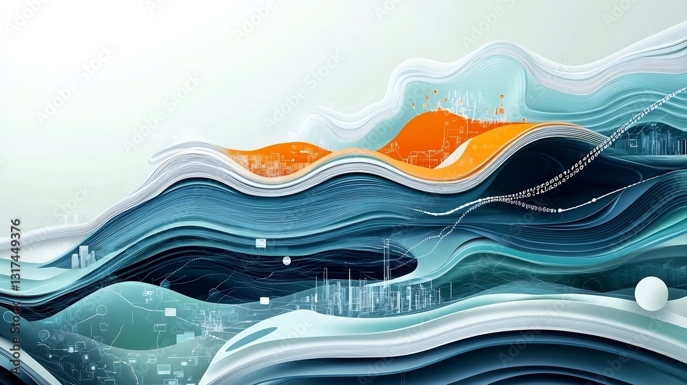Poster Highdetail representation of digital transformation flowing layers symbolic pathways for organizational modernization