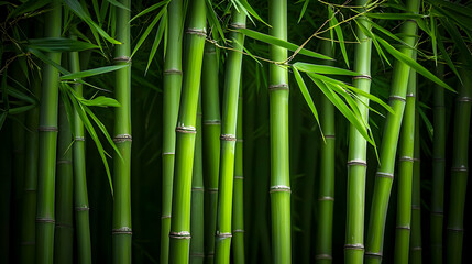 Obraz premium Lush Green Bamboo Forest With Dark Background And Vibrant Foliage Texture in Sunlight