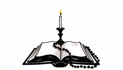Monochrome Bible with rosary and candle, spiritual reflection