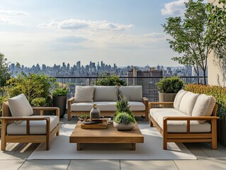 Fototapeta premium Outdoor seating area with city views showcasing stylish modern furniture