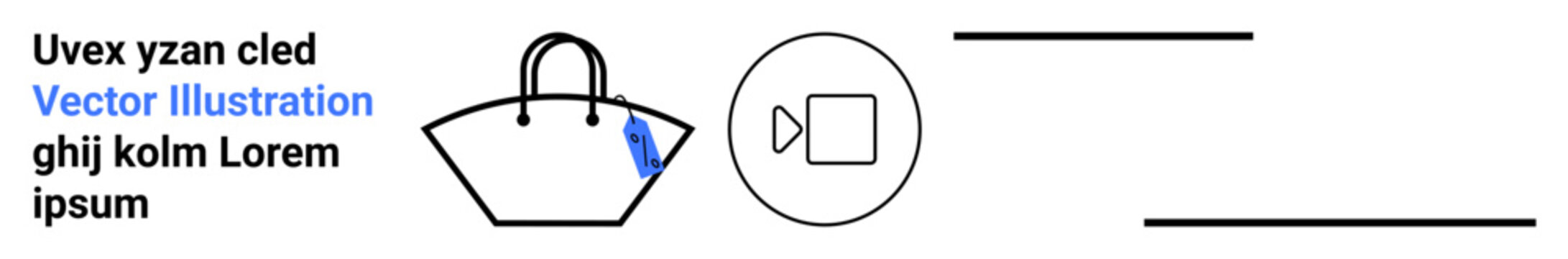 Handbag icon with blue highlight, video play button in a circle, and parallel lines. Ideal for retail branding, fashion projects, video tutorials, e-commerce banners, digital marketing, design