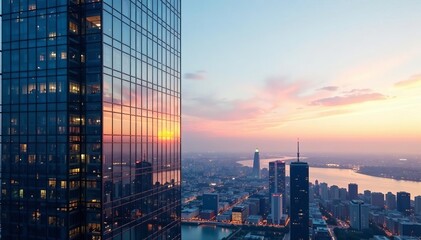 Glass skyscraper with reflection of cityscape, building, city