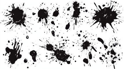 Vector set of ink splashes blots splatter collection grunge design element and art messy backdrop color dirty liquid shape spatter black white silhouette illustration