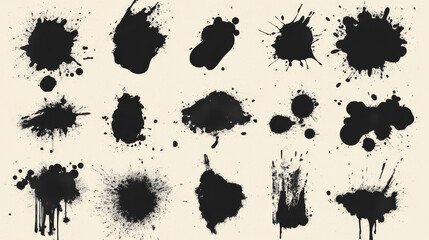 Vector set of ink splashes blots splatter collection grunge design element and art messy backdrop color dirty liquid shape spatter black white silhouette illustration
