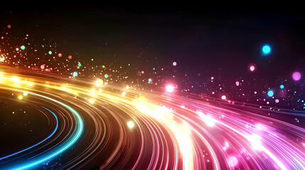 Obraz premium Vivid Glowing Particles Form Swirling Colorful Lines In A Dynamic Abstract Background With A Festive And Futuristic Atmosphere
