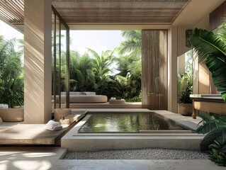 Fototapeta premium Luxurious open bathroom design seamlessly blends indoor and outdoor spaces
