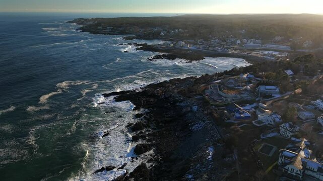 A drone flight along the Maine seascape at the OgunQuit area which is close to the Israels Head and the Oarweed Cove