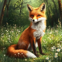 Obraz premium A young red fox sitting in a field of wildflowers.