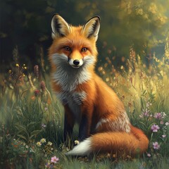 Obraz premium A young red fox sitting in a field of wildflowers.