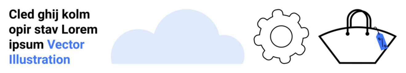 Cloud, gear, and handbag graphics representing technology, productivity, and fashion themes. Ideal for cloud services, gears of productivity, system setup, shopping apps online stores web design
