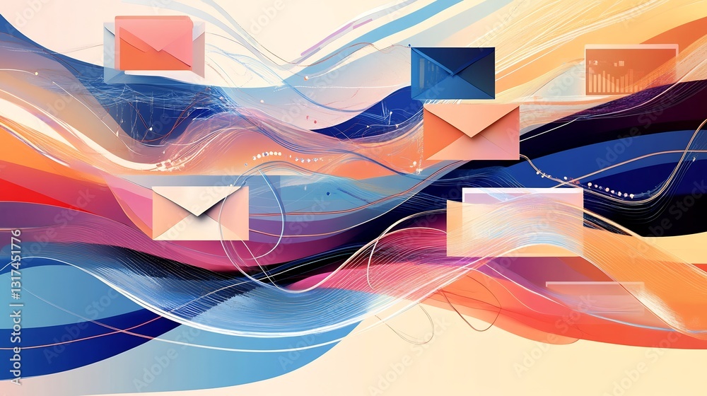 Poster Highdetail visualization of email marketing featuring abstract layers flowing patterns representing campaigns conversion