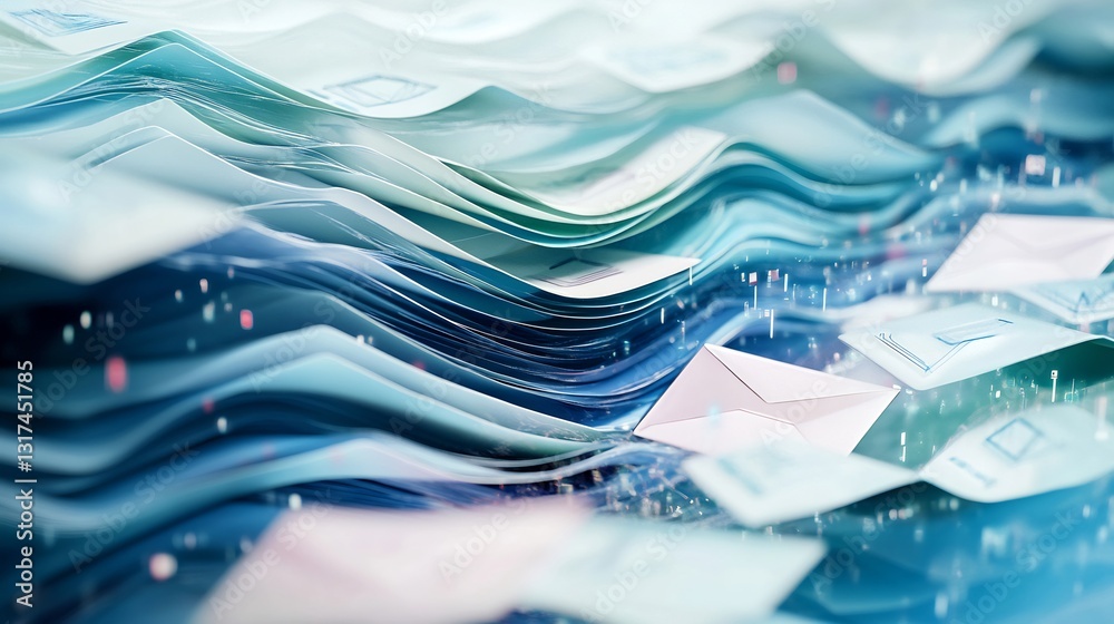 Poster Highdetail visualization of email marketing featuring abstract layers flowing patterns representing campaigns conversion