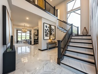 A luxurious home interior featuring a grand entryway and staircase