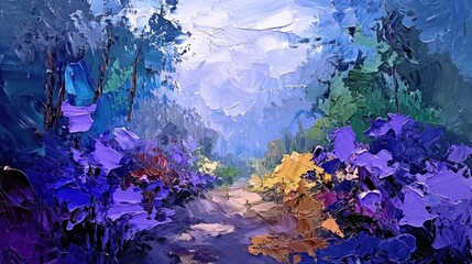 A vibrant and textured painting depicts a forested path scene