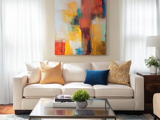 A modern living room features a comfortable white sofa and art