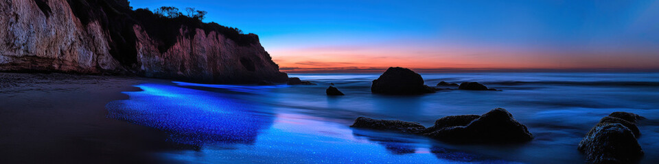 Dramatic coastal scene with glowing blue bioluminescent waves illuminating rocky shoreline beneath starry night sky with Milky Way. Generative AI fairy tale landscape 