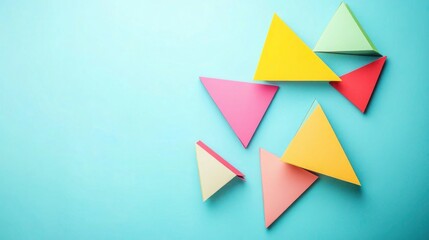 Colorful triangles creating abstract geometric patterns on light blue backdrop