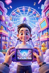 Cute cartoon character holding purple game console. Vibrant virtual amusement park with ferris wheel, colorful buildings, and rubber ducks in playful digital world.