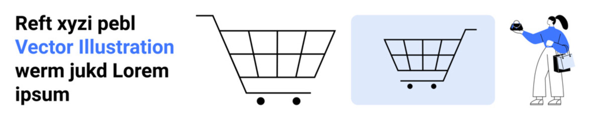 Empty shopping cart design accompanied by a figure holding a bag. Ideal for e-commerce, retail, shopping, sales, digital marketplace, consumer buying, flat landing page banner