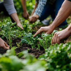 People gardening together. Collective farming. 