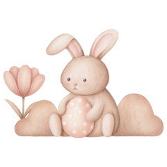 Obraz premium easter element, cute fluffy rabbit holding pastel Easter egg with flower nearby