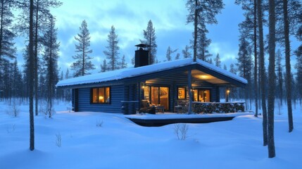 Naklejka premium Winter Cabin Getaway: Snowy Forest Escape