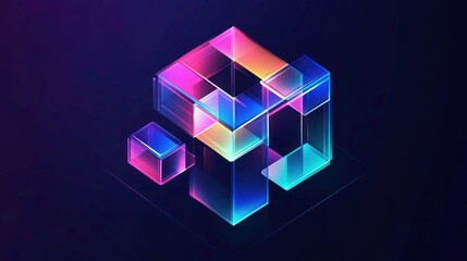 Geometric arrangement of translucent cubes illuminated with vibrant neon gradients