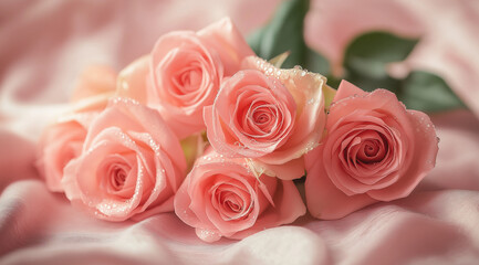 Fototapeta premium Exquisite bouquet of pink roses with delicate dew drops, arranged elegantly against a soft pastel backdrop with flowing fabric.