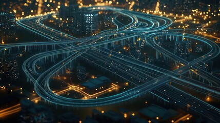 Obraz premium Aerial View Of Illuminated City Roads At Night Illustrating Urban Infrastructure