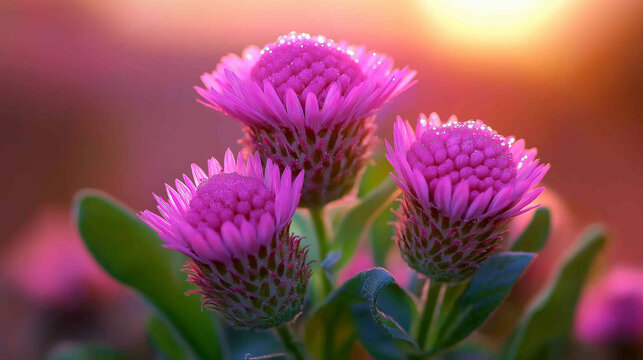 A vibrant field of purple wildflowers with sunset in the background
