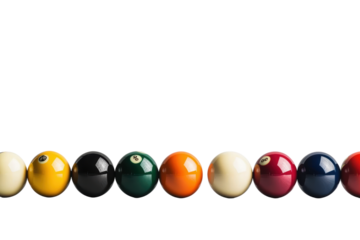 Colorful billiard balls arranged in line on transparency background, showcasing various colors and numbers, creating vibrant and playful atmosphere