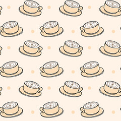 A seamless pattern featuring hand-drawn coffee cups with latte art on a beige background, perfect for café-themed designs and cozy decor, Vector Illuatration