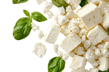 Fresh cheese cubes and crumbled cheese with basil leaves create delightful culinary scene. This captures essence of fresh ingredients perfect for salads or pasta dishes