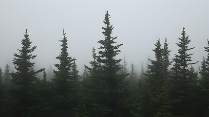 Misty mountain forest landscape, coniferous trees shrouded in fog, atmospheric background for travel or nature websites