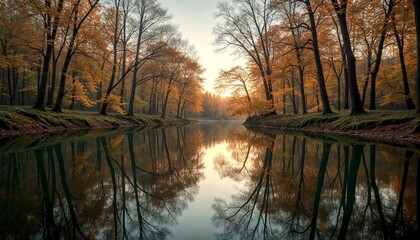 Autumn River Reflection with Golden Trees