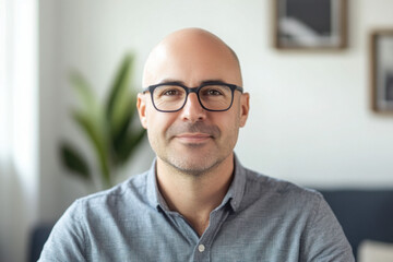 Bald Caucasian man wearing glasses in a modern office setting with natural light and plant decor.