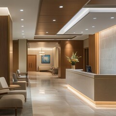 A modern interior hallway with a reception desk and seating