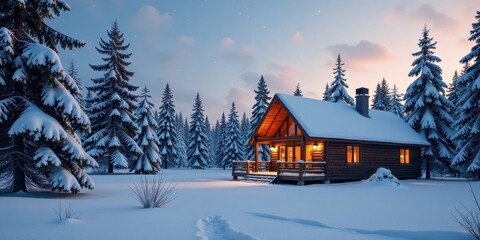 Naklejka premium Serene Winter Cabin Retreat in a Snow-Covered Pine Forest at Dusk