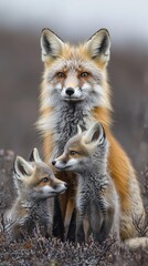 Fototapeta premium Red fox vixen with two kits. (2)