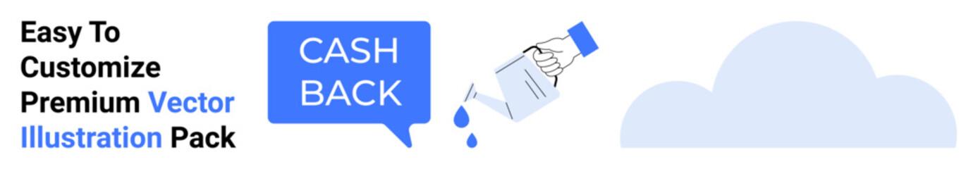 Money bottle pouring liquid into cashback speech bubble with cloud graphic. Ideal for finance, savings, e-commerce, cashback offers, digital wallets, marketing campaigns, flat landing page banner