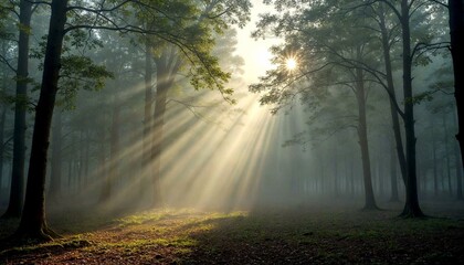 Fototapeta premium Golden Sunlit Mist in Serene Forest