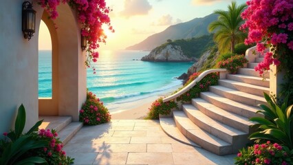 Serene Coastal Vista Sunlit Staircase Ascending to Ocean Paradise with Vibrant Blossoms
