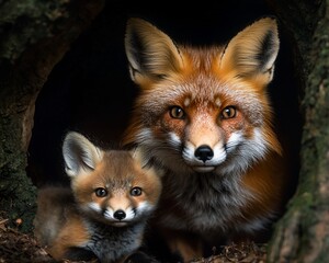 Fototapeta premium Red fox vixen and kit in den.