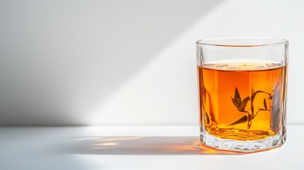 Glass of amber whiskey with plant shadow and sunlight effect